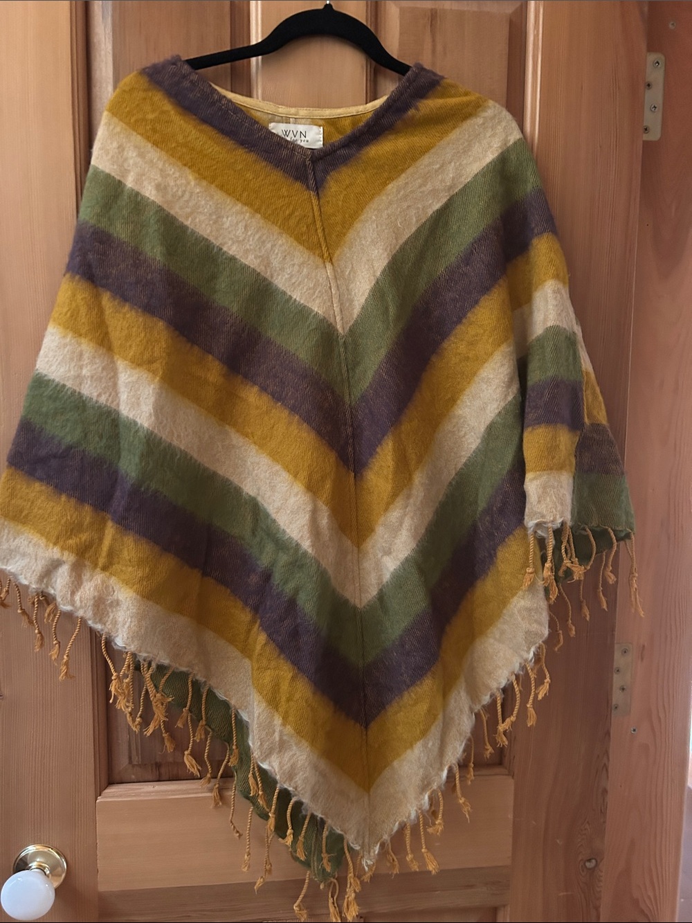 WVN Striped V-Neck Fringe Poncho in Mustard, Olive & Cream -